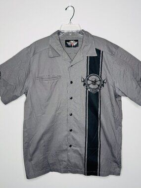 Harley Davidson Short Sleeve Button Up Mens L Grey Cotton Embroidered Skull Grap